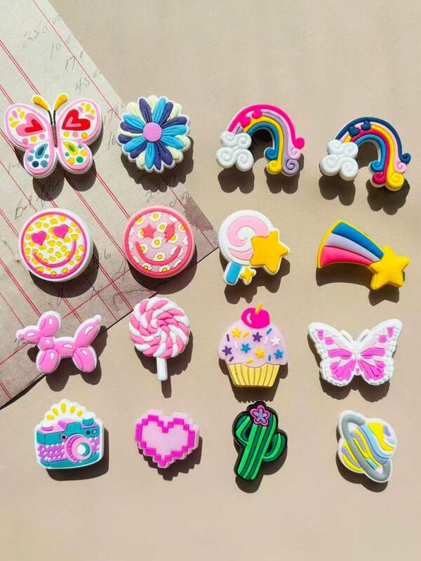 16 PEÇAS Série Sorriso de Verão, Acessórios de Sapato de PVC Tropical - Presentes para Festa de Verão, Decorações para Festa de Aniversário, Artesanato DIY - Decorações de Praia, Cabides Decorativos de Chinelo de Praia de Verão, Acessórios de Sandália Destacáveis, Acessórios DIY de Sapato de Jardim, Presentes para Festa