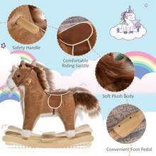 QABA Rocking Horse Plush Animal On Wooden Rockers With Sounds, Wooden Base, Baby Rocking Chair For 36-72 Months, Brown - Brown - View 7
