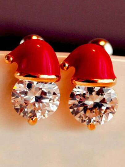 2 peças de brincos redondos de zircônia com chapéu de Papai Noel e strass, brincos de pino vermelho minimalistas e modernos em liga de cobre, adequados para o trajeto diário feminino, festas, Natal e presentes de feriado