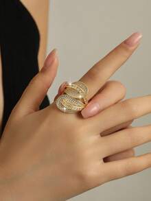 1 chiếc nhẫn hình lá nhiều lớp sang trọng đính đá Cubic Zirconia, phụ kiện trang sức cưới thời trang lấp lánh, có thể điều chỉnh kích thước, phù hợp cho phụ nữ đeo hàng ngày, đi du lịch và nhiều dịp khác nhau. - Vàng - Xem 2
