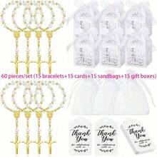 120pcs Baptism Shower Wedding First Communion Decoration Kit, Includes 30pcs Mini Beads, 30pcs Cross-Shaped Small Boxes, 30pcs Organizational Gift Bags, 30pcs Thank You Kraft Paper Labels, Made Of Plastic, For Wedding, Shower, Baptism, First Communion, Spring, Summer, Fall, Winter - 彩色 - 查看 48
