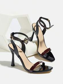 Women's High Heel One-Strap Glossy Design Square Toe Round Ring Hollow Butterfly Decor Thin Strap Buckle Shiny Electroplated Black Stiletto High Heel Party Night Club Outdoor Fashion Exhibition VIP Banquet High-End High-Quality Mirror Material Elegant Luxurious Dignified Black High Heel Sandals, Suitable For Autumn Women's Outfits