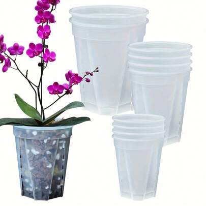 10-Piece Set Of Round Resin Orchid Pots With Drainage Hole - Translucent, Sturdy, Breathable Orchid Pots For Indoor & Outdoor Use - Assorted Sizes (4.8"/5.9"/8.3")