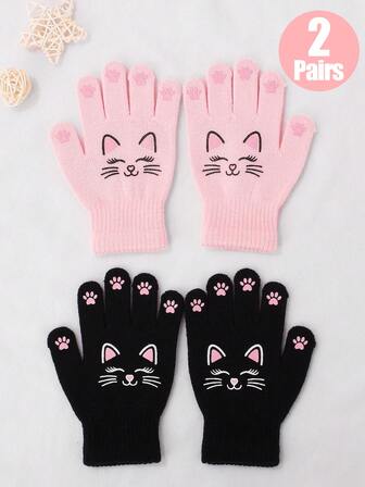 2 pares de luvas quentes de malha com estampa de gato e coelho para meninas, adequadas para atividades ao ar livre e uso diário, outono/inverno