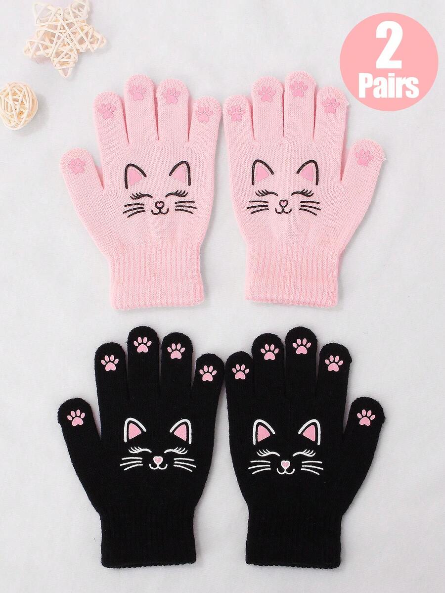 2 pares de luvas quentes de malha com estampa de gato e coelho para meninas, adequadas para atividades ao ar livre e uso diário, outono/inverno - rosa + preto - Ver 1