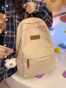 Minimalist Large Capacity Backpack For Women, Solid Color, Functional Corduroy Backpack With Letter Patch, Large Capacity, Lightweight And Portable, Perfect For Teens, Women, Students - Army Green - View 5