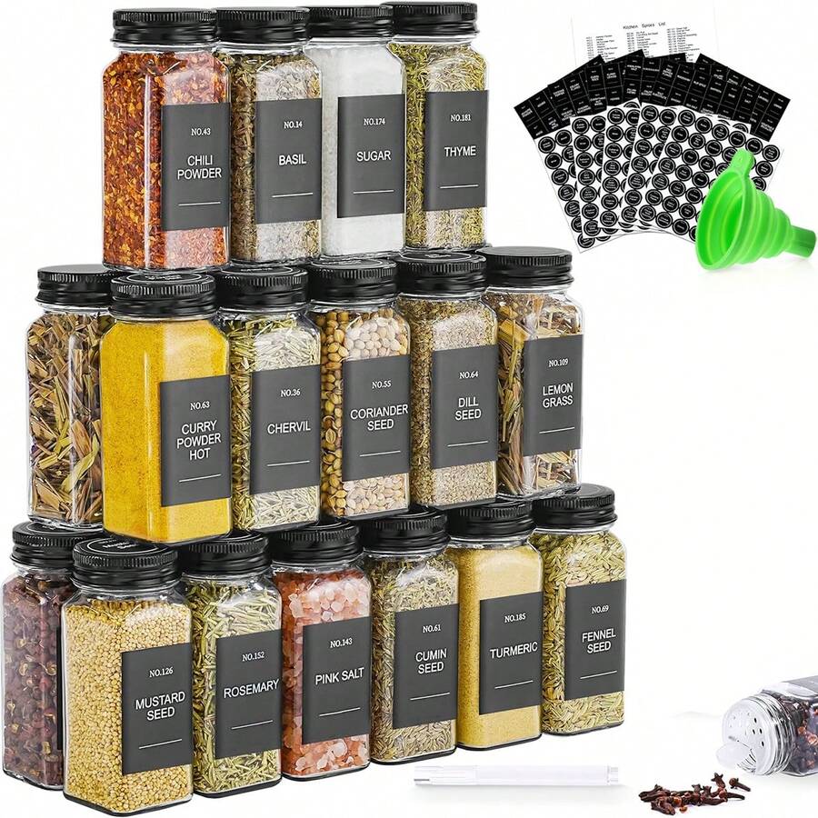 48 Glass Spice Jars (24 Jars, 24 Lids), Glass Spice Jars With 408 Labels, 4-Ounce Square Empty Spice Jars With Black Metal Lids - Including Shaker Lids, Funnel, Brush, And Markers, Cooking Tools, Seasoning Tools, Family Dinner Supplies, Christmas Party Supplies - 黑色 - 查看 1