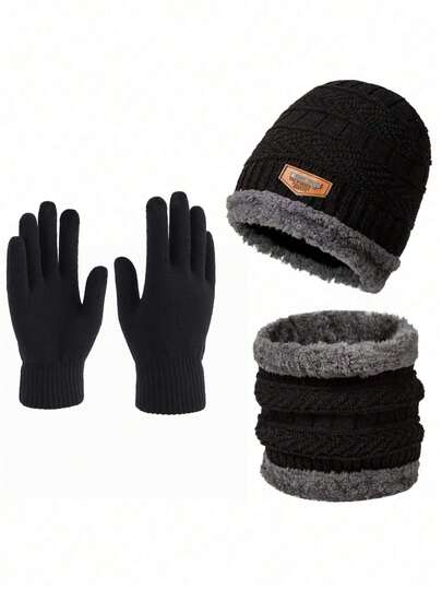 New European And American Style Men's Knitted Hat, Warm Fleece Hat, Scarf And Gloves 3 Pieces Set, Cold-Proof Beanie