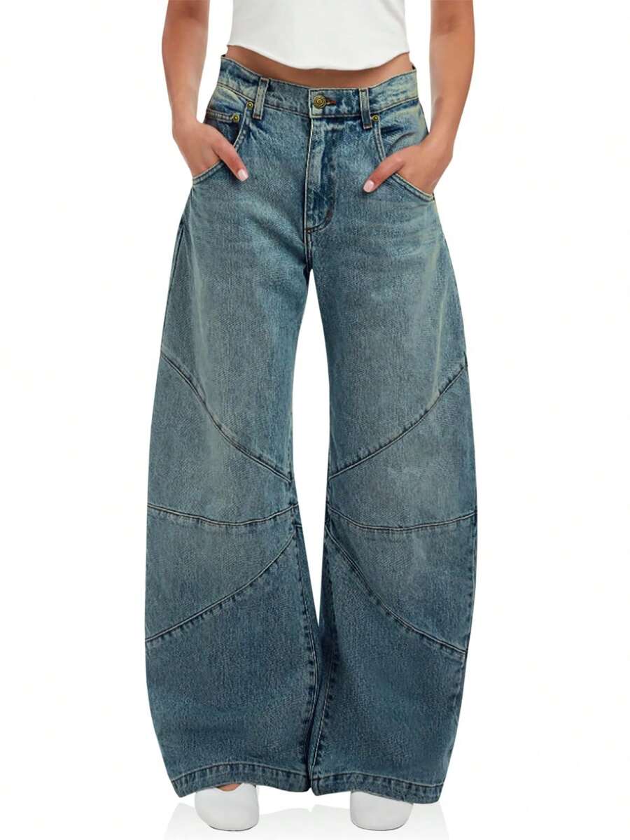 Women's Streetwear Barrel Jeans | High Waisted Boyfriend Wide Leg For Urban Style | Retro Loose Fit Denim - Màu xanh đã rửa - Xem 1