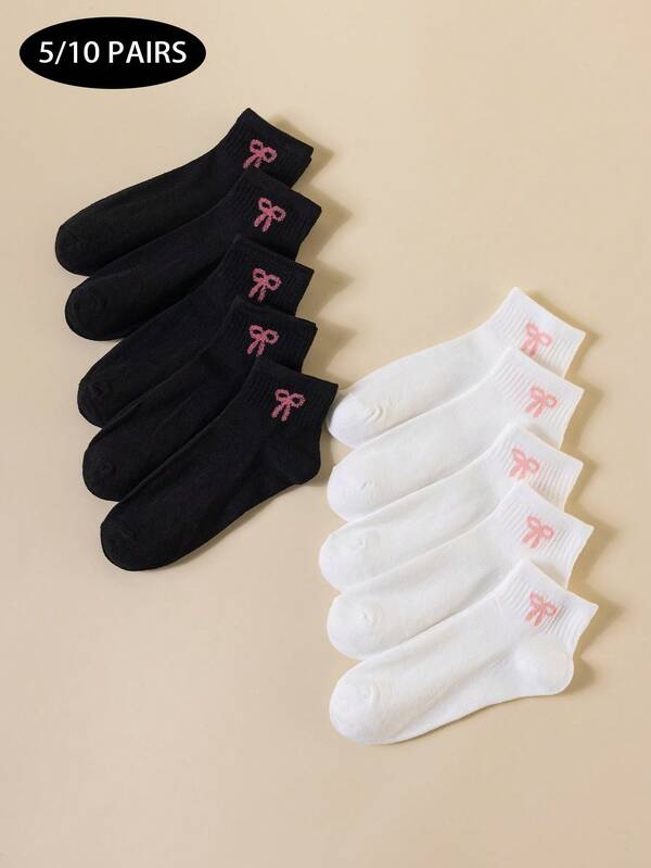5/10 Pairs Women Short Bow Socks, Campus Style Student Socks, Versatile For Casual And Formal Occasions