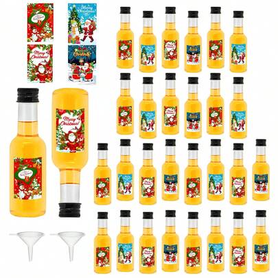 41/4pcs Christmas Mini Liquor Bottle,Beverage Dispensing Bottle,Reusable Plastic Decors Bottles,With Black,Golden And Silvery Lids,And With 4 Styles Labels,Such As Snowman, Santa Claus, Gifts And Merry Christmas Wishes,For Christmas Decorations,Party Supplies,Birthday,Wedding,Camping