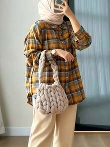 Women's Simple Plaid Button-Down Collar Long Sleeve Blouse, Regular Fit, Woven Fabric, Non-Stretch, Suitable For Daily Wear Spring - Yellow - View 5