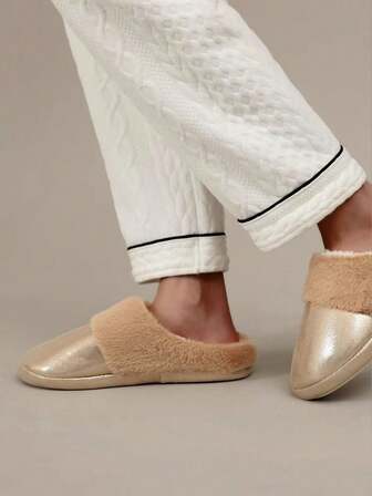 Unisex Winter Faux Leather Slippers | Plush Lined Home Slippers Non-Slip Warm Maternity Shoes Soft Sole Quiet Floor Slippers