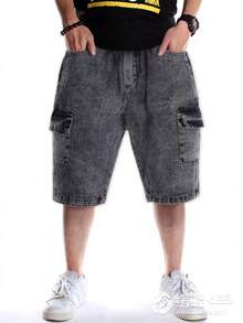 Mid-Rise, Frayed, Raw Hem, Wide Leg, Knee-Length, 6-Pocket Denim Shorts - Xám - Xem 2