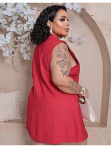 Women's Premium Plus Size Double Vest And Short Set - Red - View 2