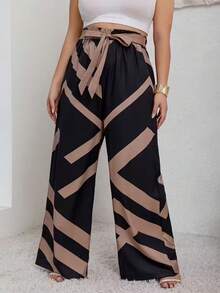 女士几何印花扭腰宽松阔腿休闲裤 - 黑色 - 查看 3