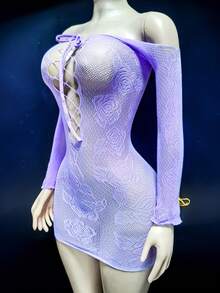 1 件女士性感内衣长袖紧身连衣裙性感渔网罩衫无需任何配饰适合音乐节镂空紧身连衣裙透视沙滩装夏季女士泳装服装泳衣 - 紫色 - 查看 2