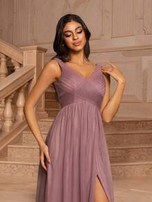 MOEVIO 女式性感 V 领网纱裹身褶饰露背 A 字开叉大腿长款优雅正式伴娘婚礼宾客返校舞会晚会礼服秋冬毕业返校节万圣节圣诞节新年春节服装 - 淺灰紫 - 查看 7