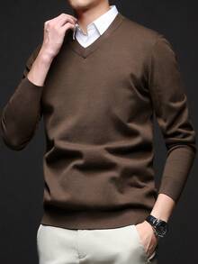 Men's V-Neck Solid Color Thick Knit Sweater, Straight Fit, Autumn/Winter - Coffee Brown - View 4