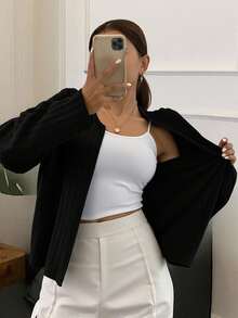 Livesso 纯色落肩前开短款夹克，秋装 - 黑色 - 查看 5