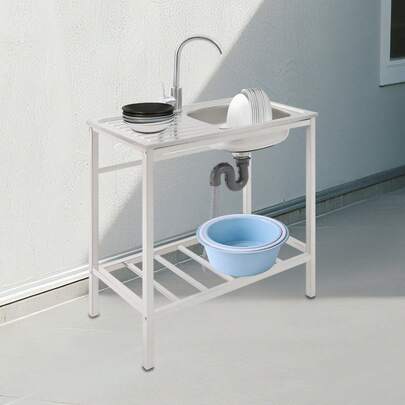 Silver Freestanding Rectangular Sink (Stainless Steel), 13.7*12.2*5.12in Basin Sink - Sink With 360° Rotatable Faucet, Bottom Storage Shelf & Operation Countertop, 4.33in Drain Hole Sink With Drainpipe/Inlet Pipes, Freestanding Sink For Kitchen/Laundry Room/Restaurant (W/ Gloves & English Manuals).