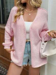 Cardigan à manches longues pour femmes en hiver avec épaules tombantes, confortable pour un port quotidien - Rose bonbon - Voir 4