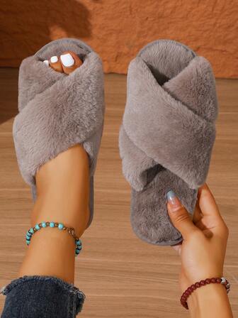Fall/Winter Women's Cute Plush Criss-Cross Slippers, Solid Color, Casual, Lightweight, Non-Slip, Suitable For Bedroom, Indoor Use,Fluffy Slippers