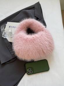 1pc Fashionable Plush Shoulder Bag, Flat Brim Handbag, Cute Women's Winter Handbag/Wallet - Pink - View 5