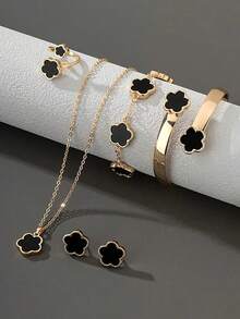 1 Set Classic Clover Necklace, Earrings And Bracelet Jewelry Set, Elegant Gift For Teens And Friends - màu đen - Xem 1