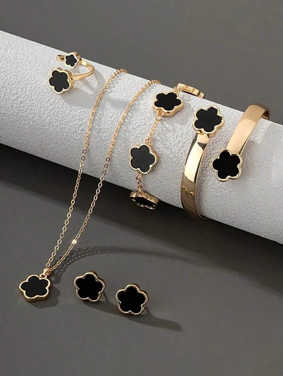 1 Set Classic Clover Necklace, Earrings And Bracelet Jewelry Set, Elegant Gift For Teens And Friends - màu đen - Xem 1