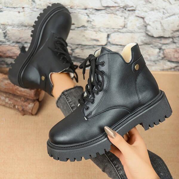 Women's Mid-Calf Boots, Warm Thermal Lined, Solid Color Patchwork Design, 4cm Chunky Heel, Flat, Front Lace-Up, Fashion Boots For Autumn/Winter