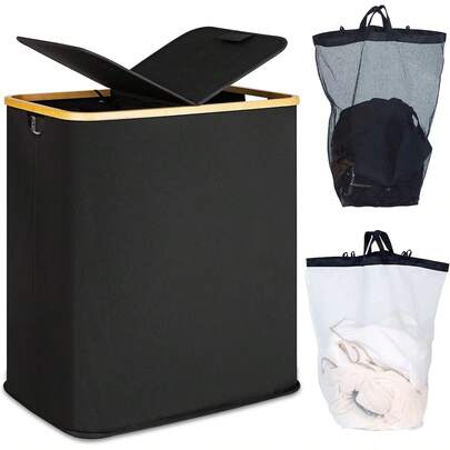 Double Laundry Hamper With Lid,160L Large Laundry Basket With Bamboo Handles And Removable Inner Bag, 2 Section Dirty Clothes Hamper Laundry Bin For Bathroom, Bedroom,Dorm Laundry Room(Black)