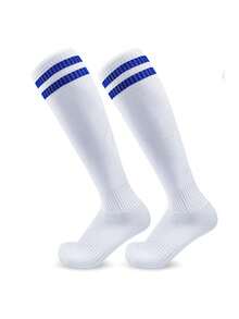 1 Pair Striped Football/Soccer Socks For Teens & Kids Aged 11-18, Girls Knee-High, Boys Over-The-Knee Sports Socks