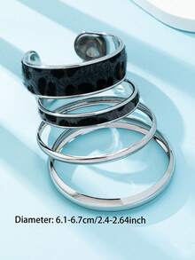 2 Pcs Leopard Print PU Leather Cuff Bangles & 2 Pcs Minimalist Metal Cuff Bracelets , Stacked Bangle Bracelets Set For Women - Leopard Print PU Leather Metal Bracelet Set - View 3