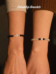 2 件红心仿珍珠情侣手链，白色黑色串珠弹性配对手链，适合男朋友和女朋友，友谊手链 - 情侶 - 查看 5