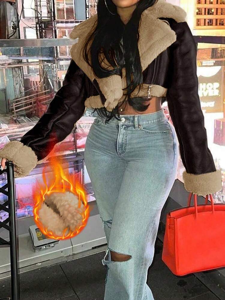 Street Lapel Zip Up Rollable Cuff Teddy Lined PU Leather Crop Moto Jacket Coat Halloween Costumes