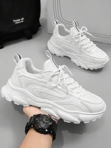 Sepatu Sneakers Kasual Pria Modis dengan Desain Jala Patchwork dan Tali, Nyaman, Serbaguna untuk Aktivitas Luar Ruangan, Perjalanan Sehari-hari, Semua Musim, Cocok untuk Remaja, Streetwear, dan Lari. - Putih - View 7