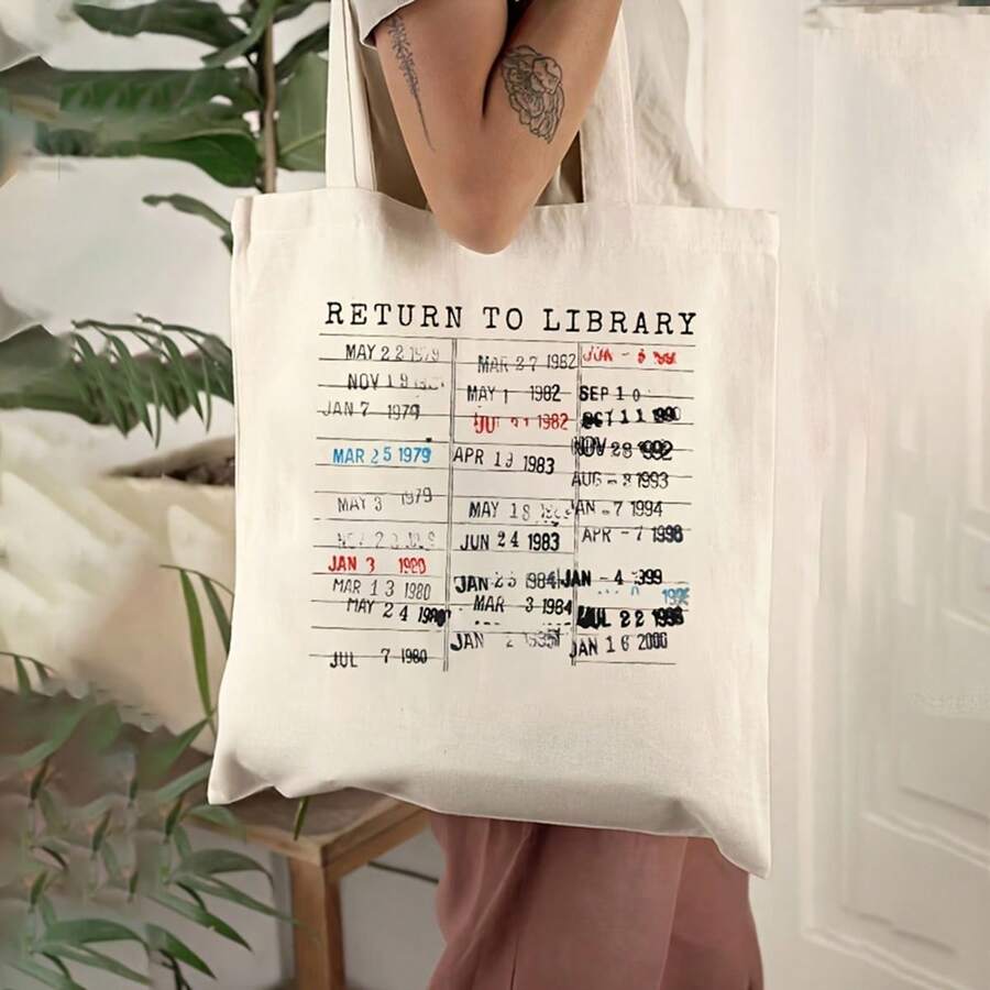 Return To Library Print Tote Bag - Vintage Library Calendar Design Durable Unisex Shoulder Bag, Machine Washable Open Top Casual Beach & Everyday Tote For Women & Men (White/), Book Tote Bag, Literary Style, Spacious Interior - trắng - Xem 1