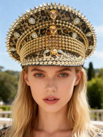 HongLuan 1pc Shiny Polyester Steampunk Rhinestone Captain Hat For Women & Men, Military Cap, Pirate Hat, Suitable For Halloween, Cosplay, Christmas, Bar, Bachelorette Party