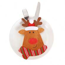 Bolsillos para cubiertos navideños, bolsas para cubiertos con diseño de Papá Noel, muñeco de nieve y reno, para cuchara, tenedor y cuchillo, suministros de decoración para la mesa de la cena navideña, fiestas, bufés y reuniones familiares. - Caqui - Ver 6