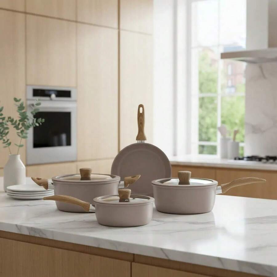 4-Piece Diamond Ceramic Induction Gas Nonstick Cookware Set Inmetro - Màu be - Xem 1