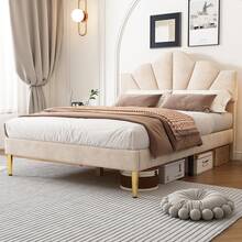 Double Bed In Velvet, Upholstered, 140 X 200 Cm, Shell-Shaped With Gold Iron Legs, Height-Adjustable Headboard, Wooden Slatted Base, Beige - Beige - View 3
