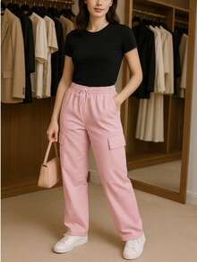 Pantalon Cargo Cargo Bolsillos Laterales Mujer Casual Color liso Ajuste Holgado Cintura Elástica Largo Primavera Verano Diario Pantalones - Rosa - Ver 2