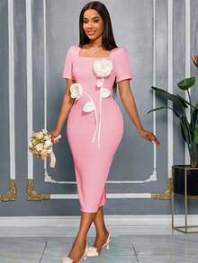 AOMEI Elegant Regular Size Pink Bodycon Midi Dress With 3D White Floral Embellishments & Square Neck Puff Sleeves Ideal For Bridal Showers, Cocktail Parties, Formal Events, Birthdays & Wedding Guest Attire Chic Evening Dress From Stylish Clothing Collection For New Year's Eve & Valentine's Day - Baby Pink - View 7