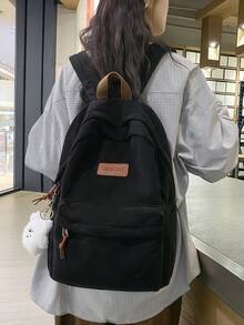 Minimalist Large Capacity Backpack For Women, Solid Color, Functional Corduroy Backpack With Letter Patch, Large Capacity, Lightweight And Portable, Perfect For Teens, Women, Students - Black - View 2