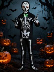 4pcs Boys' Glow-In-The-Dark Horror Bowknot, Skeleton Jumpsuit Costume For Halloween Cosplay Party Performance