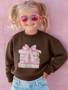 青少年女孩返校可爱书本和蝴蝶结印花圆领套头衫 - 柔软、可机洗、百搭 - 秋冬休闲日常服装（新款秋季时尚、万圣节） - 棕色 - 查看 6