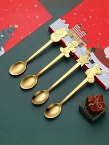 4 Piezas de Cucharitas de Acero Inoxidable con Temática Navideña y de Vacaciones - Mini Cucharitas para Té, Aptas para Café, Té, Postres, Helado - Opción Perfecta para el Hogar, Restaurante, Food Truck, Cafetería - Ideal para Navidad, Año Nuevo