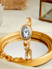 1pc Women's Elegant Oval Design Green Dial Silver & Gold Tone Fashion Casual Watch Bracelet Style - Gold - View 6