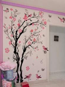 3pcs/2pcs/1PC Peach Tree Leaf Bird Wall Stickers, Pink Plum Blossom Branch Bird Wall Stickers, Cartoon Girl Back Plant Flower Butterfly Wall Stickers, Living Room Background Wall Home Decor Self-Adhesive Wall Stickers, Children's Room Decor Wall Sticker Mural, Self-Adhesive Wall Art Stickers Wall Decor